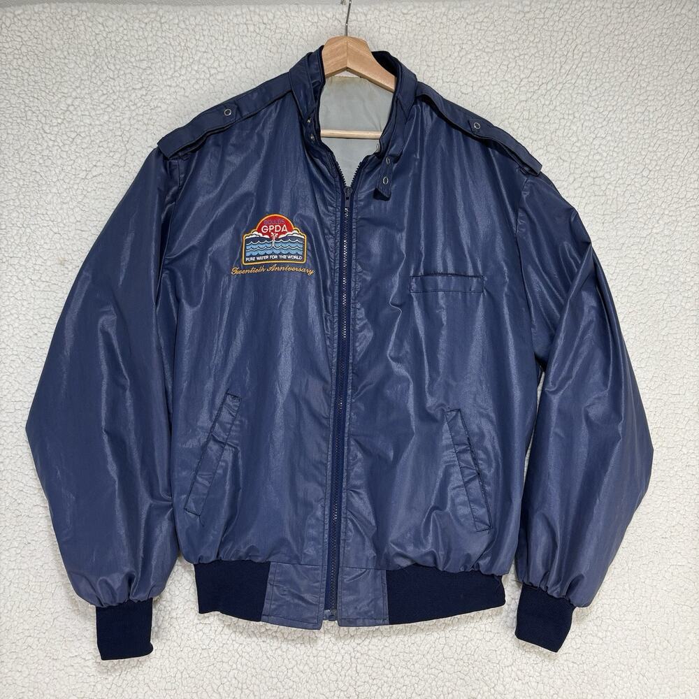 Vtg 70s Blue Satin Bomber Jacket Birdie Richard A. Leslie Goulds Water Mens XL‎